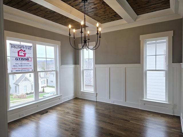 unfurnished dining area featuring plenty of natural light, beamed ceiling, wooden ceiling, and a notable chandelier