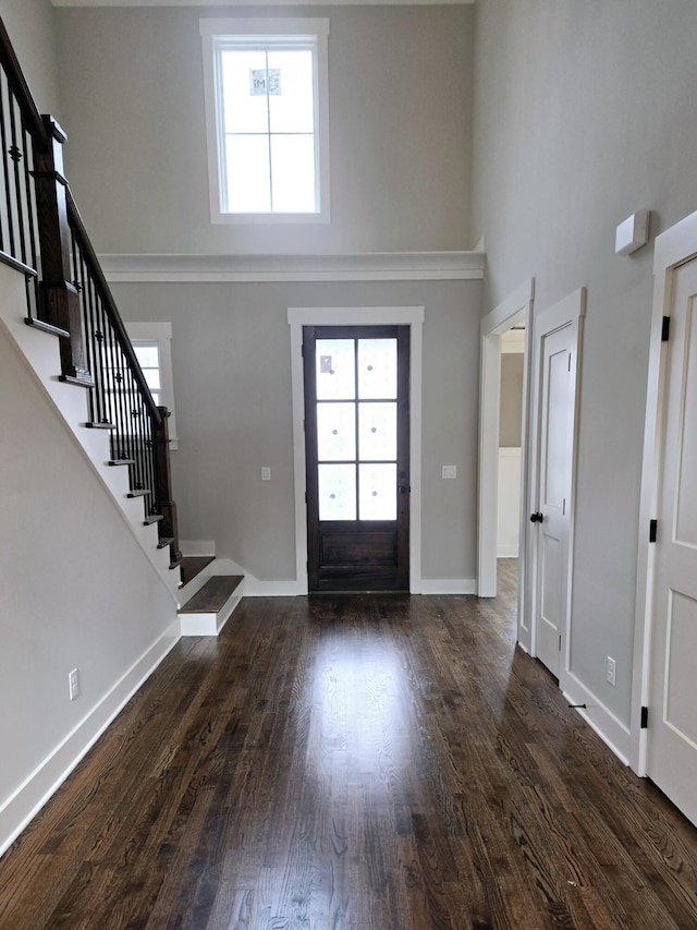 entryway featuring a high ceiling and dark hardwood / wood-style floors