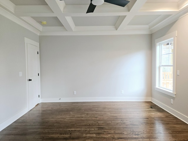 spare room with beamed ceiling, plenty of natural light, dark hardwood / wood-style flooring, and coffered ceiling