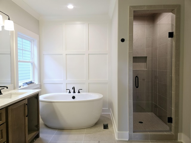 bathroom featuring tile patterned flooring, vanity, and independent shower and bath