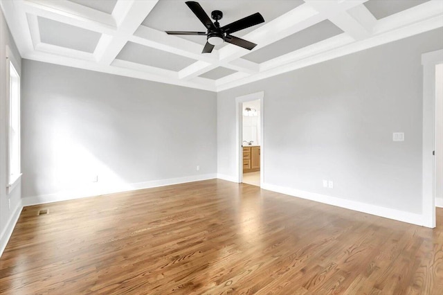 unfurnished room featuring baseboards, coffered ceiling, a ceiling fan, wood finished floors, and beam ceiling