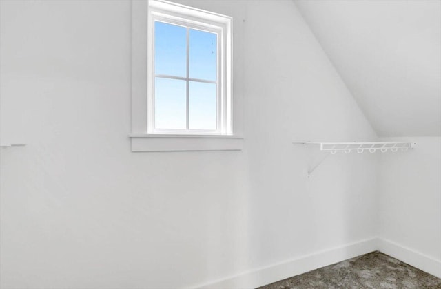 spacious closet featuring lofted ceiling and carpet floors