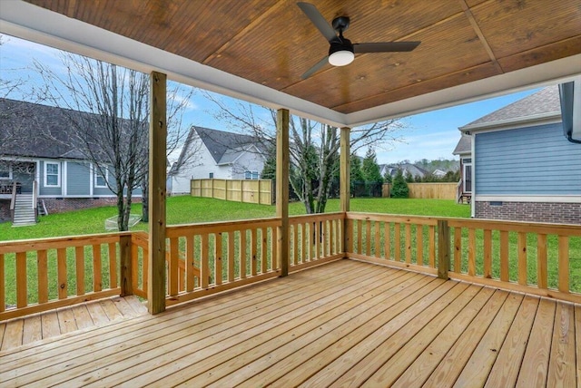 deck featuring ceiling fan, fence, and a lawn