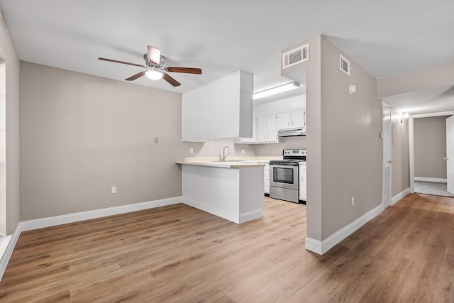 kitchen featuring kitchen peninsula, white cabinets, stainless steel electric range oven, and light wood-type flooring