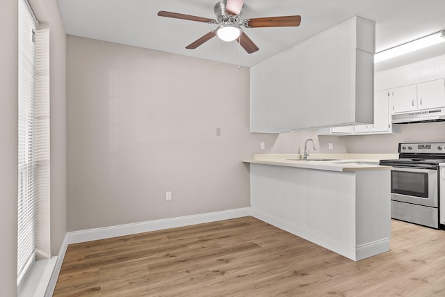 kitchen featuring kitchen peninsula, stainless steel range with electric stovetop, sink, and light wood-type flooring