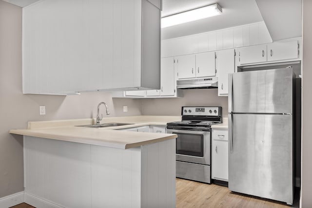 kitchen featuring light hardwood / wood-style flooring, kitchen peninsula, stainless steel appliances, sink, and white cabinets