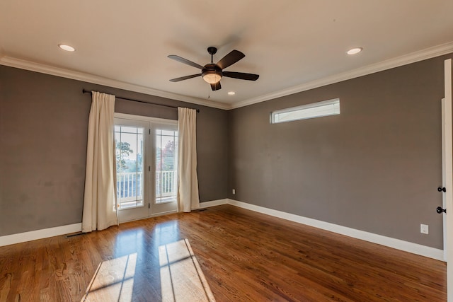 unfurnished room featuring crown molding, hardwood / wood-style floors, and ceiling fan