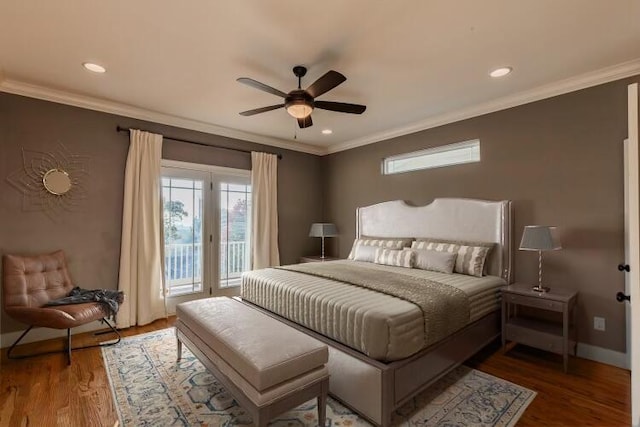 bedroom featuring ornamental molding, hardwood / wood-style floors, access to exterior, and ceiling fan