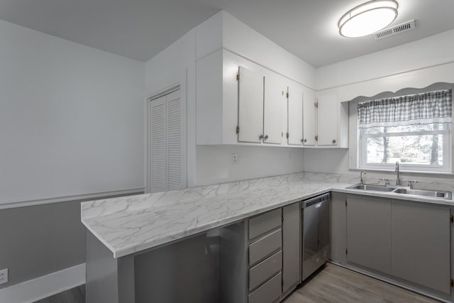 kitchen with gray cabinetry, sink, light hardwood / wood-style flooring, stainless steel dishwasher, and kitchen peninsula