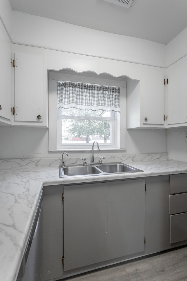 kitchen featuring hardwood / wood-style flooring, dishwasher, white cabinetry, and sink