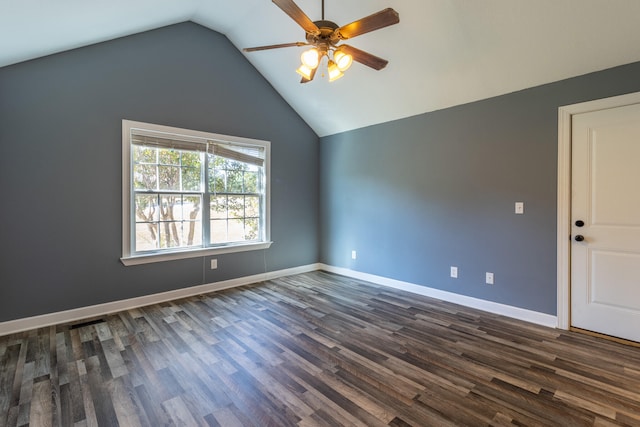 unfurnished room featuring dark hardwood / wood-style floors, ceiling fan, and lofted ceiling