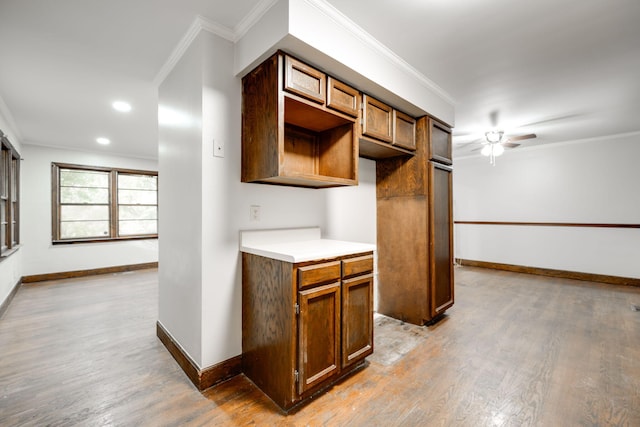 kitchen with a barn door, ceiling fan, light hardwood / wood-style flooring, and crown molding