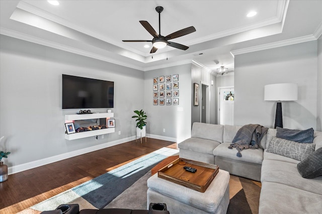 living room with crown molding, dark wood-type flooring, and a raised ceiling