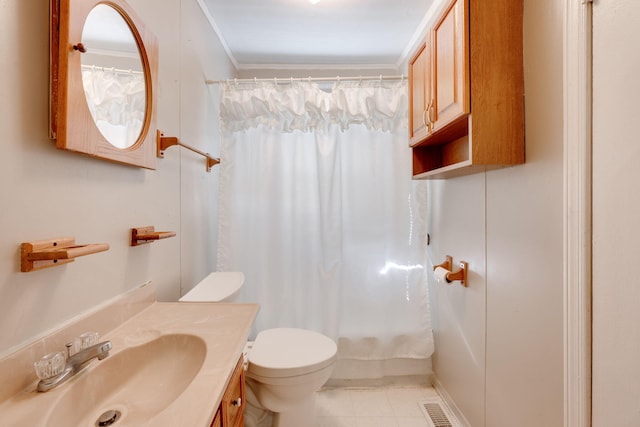 bathroom featuring toilet, ornamental molding, vanity, curtained shower, and tile patterned floors