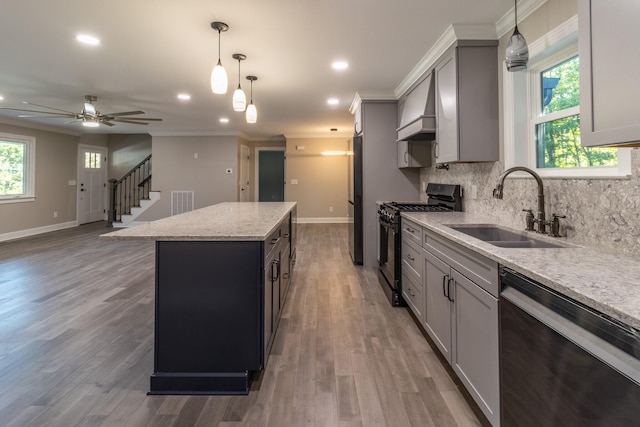 kitchen featuring sink, a kitchen island, stainless steel appliances, hardwood / wood-style flooring, and premium range hood