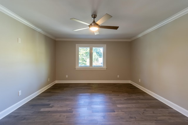 empty room with dark wood-type flooring, crown molding, and ceiling fan