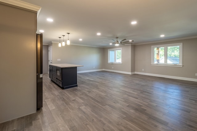 kitchen featuring ornamental molding, dark hardwood / wood-style floors, and ceiling fan