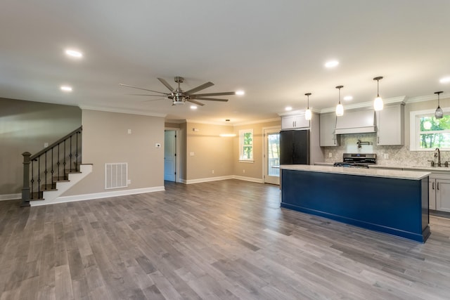 kitchen featuring a wealth of natural light, pendant lighting, a kitchen island, and wood-type flooring