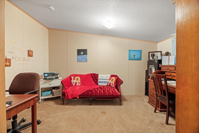 carpeted home office featuring a textured ceiling, lofted ceiling, and crown molding