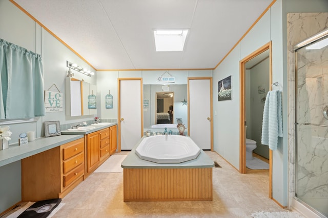 bathroom featuring toilet, an enclosed shower, vanity, and crown molding