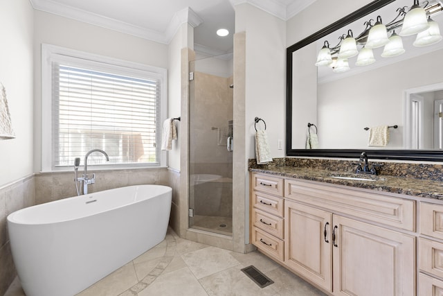 bathroom featuring independent shower and bath, crown molding, tile walls, and a wealth of natural light