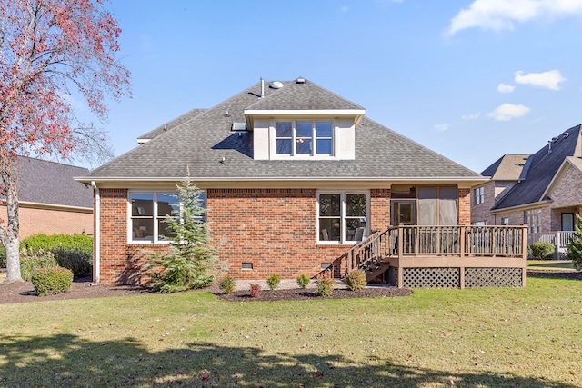 back of house with a lawn and a wooden deck