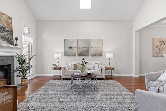 living room featuring a fireplace, dark hardwood / wood-style flooring, and vaulted ceiling