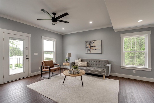 1318 Unity Dr NE, Cleveland, TN 37312 - living room with crown molding, healthy amount of natural light, baseboards, dark wood-style flooring, and recessed lighting