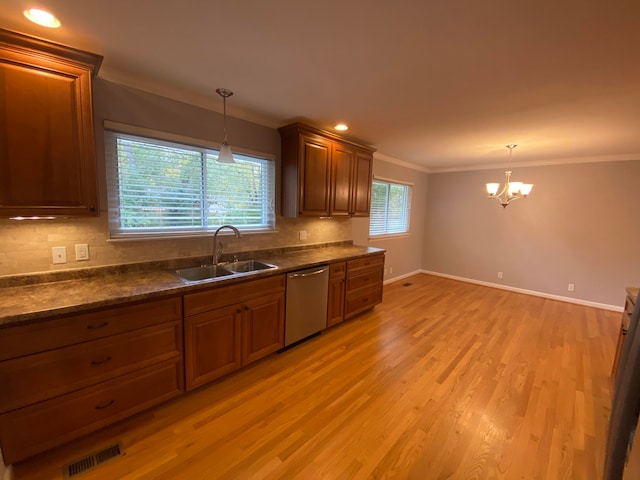 kitchen featuring light hardwood / wood-style floors, decorative light fixtures, stainless steel dishwasher, and sink