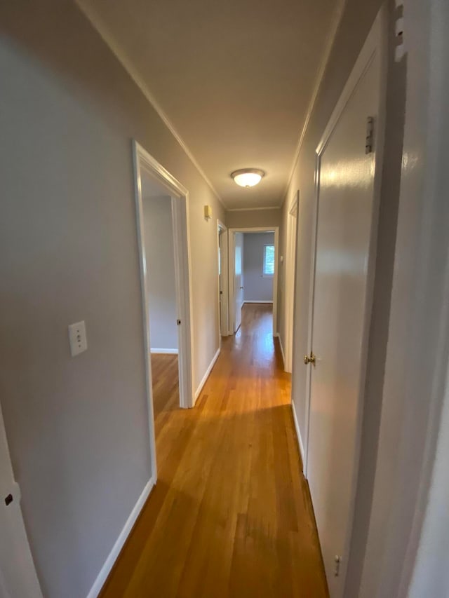 corridor with ornamental molding and light hardwood / wood-style floors