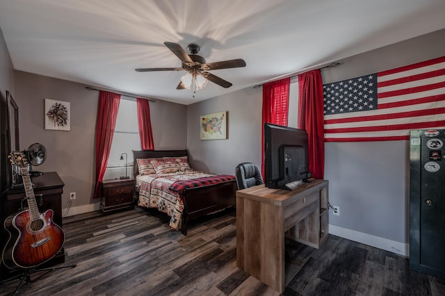 bedroom featuring dark wood-type flooring and ceiling fan