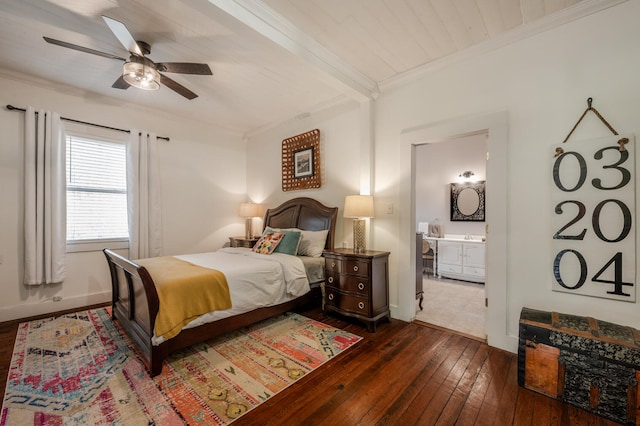 bedroom featuring ensuite bathroom, dark hardwood / wood-style flooring, ceiling fan, beamed ceiling, and ornamental molding