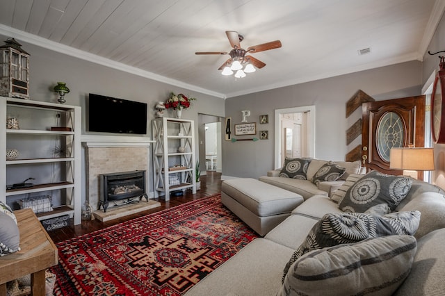 living room with dark wood-type flooring, crown molding, wood ceiling, and ceiling fan