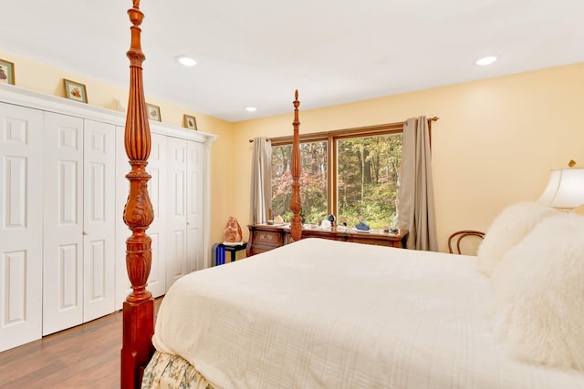 bedroom with hardwood / wood-style flooring and two closets