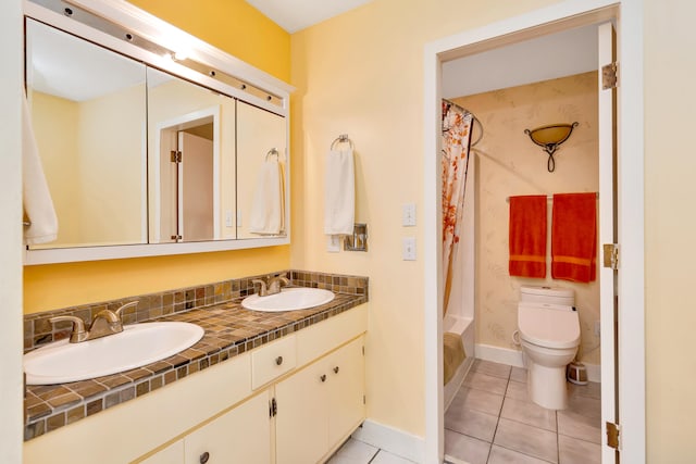 full bathroom with toilet, shower / bath combo with shower curtain, vanity, and tile patterned floors