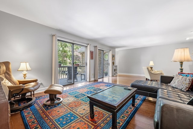 living room with dark hardwood / wood-style floors