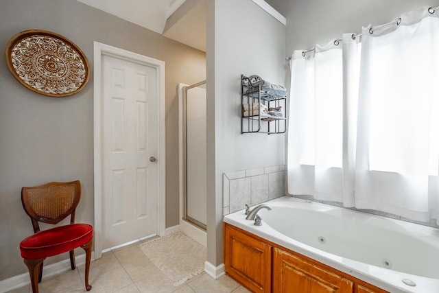 bathroom featuring independent shower and bath and tile patterned floors