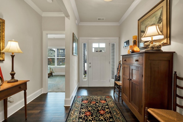 entrance foyer featuring dark hardwood / wood-style floors and crown molding