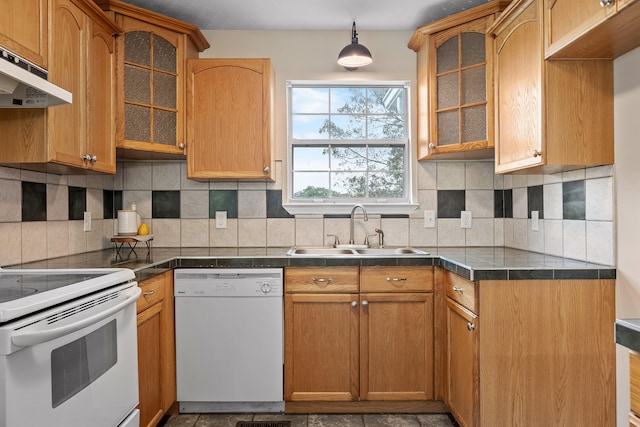 kitchen with sink, tasteful backsplash, decorative light fixtures, white appliances, and range hood