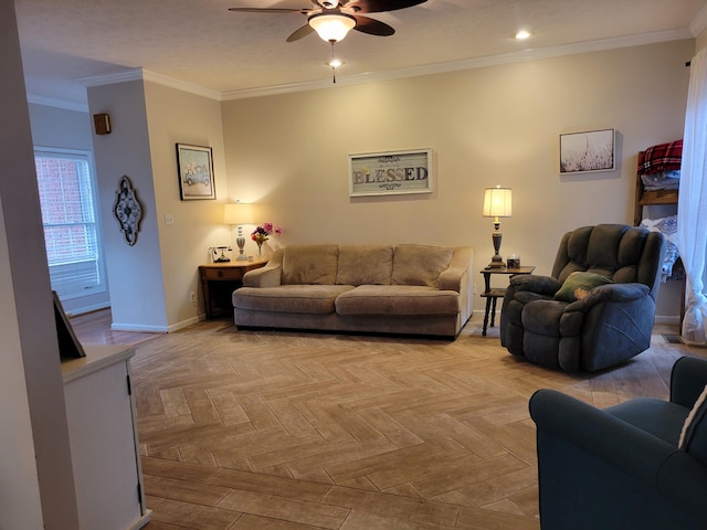 living room with light parquet floors, ceiling fan, and crown molding