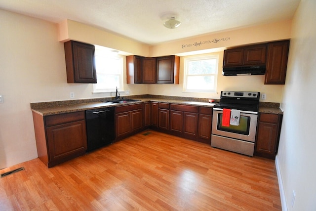 kitchen featuring dishwasher, light wood-type flooring, stainless steel electric range oven, and sink