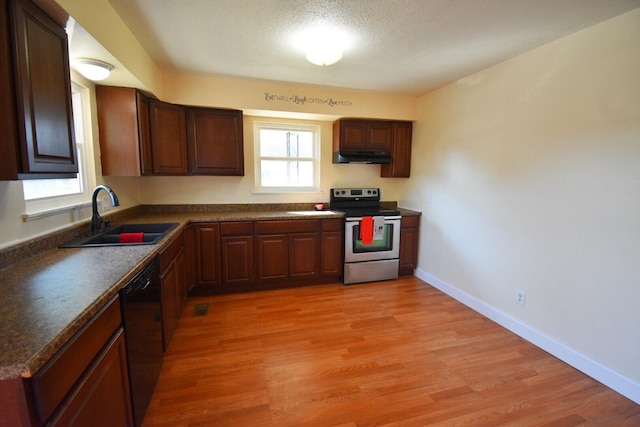 kitchen with light wood-type flooring, a textured ceiling, sink, black dishwasher, and stainless steel electric range oven