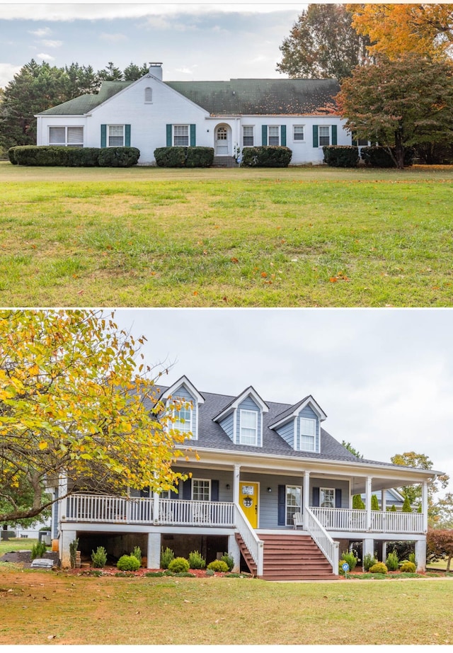 view of front of house with a porch and a front yard