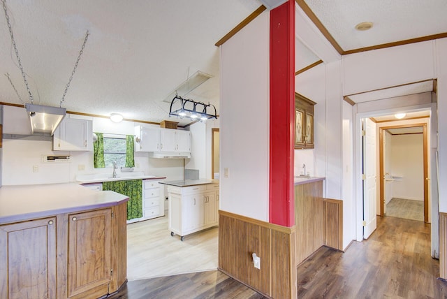 134 Old Spring Rd, Rising Fawn, GA 30738 - kitchen with wood finished floors, white cabinetry, a wainscoted wall, light countertops, and crown molding