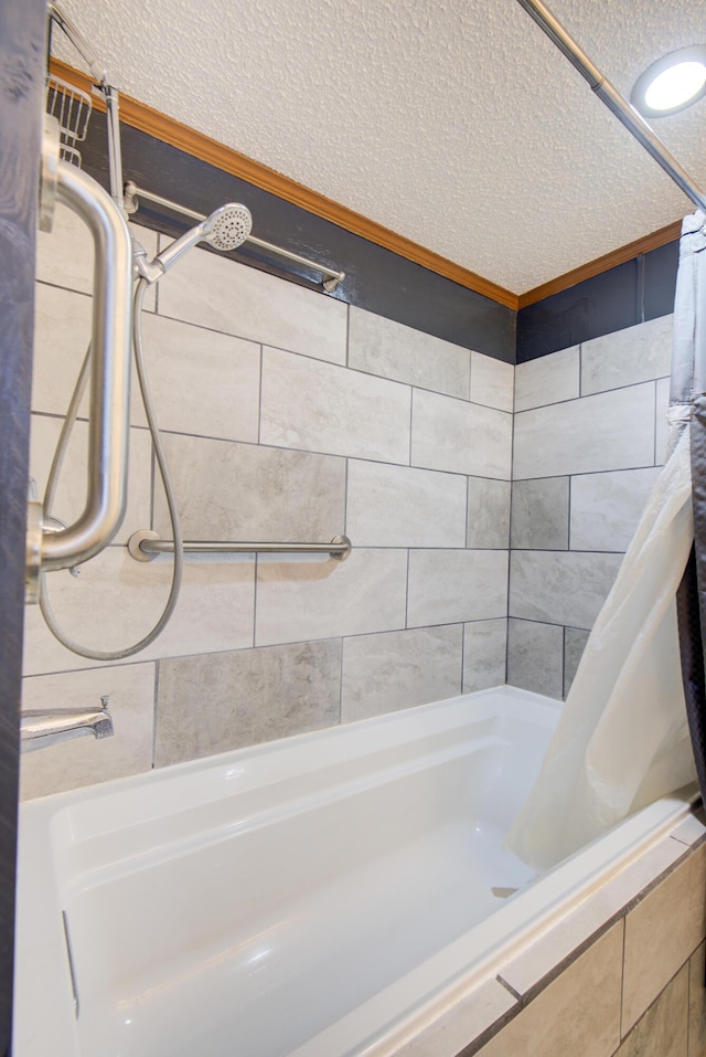 134 Old Spring Rd, Rising Fawn, GA 30738 - full bathroom featuring a textured ceiling, shower / bathtub combination with curtain, ornamental molding, and recessed lighting