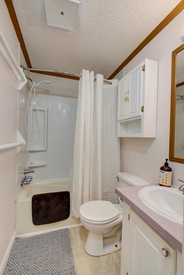 full bathroom with shower / bath combination with curtain, a textured ceiling, vanity, crown molding, and toilet