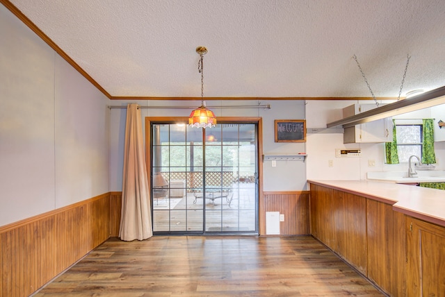 unfurnished dining area featuring ornamental molding, light hardwood / wood-style flooring, a textured ceiling, and sink