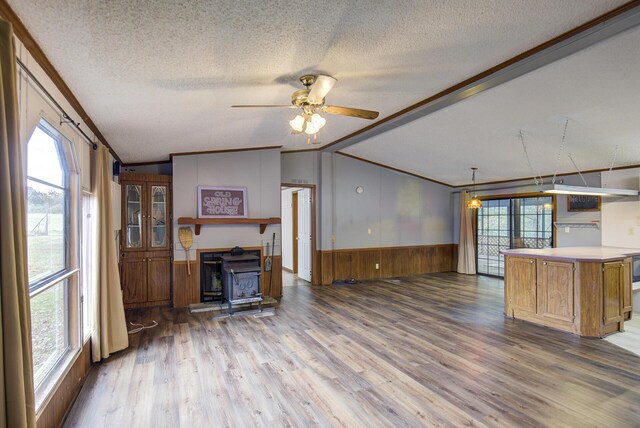 134 Old Spring Rd, Rising Fawn, GA 30738 - unfurnished living room with ornamental molding, wood walls, vaulted ceiling, wood finished floors, and wainscoting