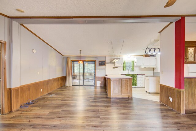 134 Old Spring Rd, Rising Fawn, GA 30738 - kitchen featuring wooden walls, a wainscoted wall, wood finished floors, a textured ceiling, and white cabinetry