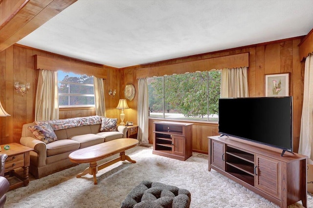 living room with a wealth of natural light, light carpet, and wooden walls